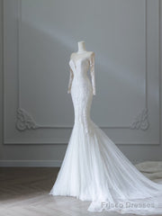 Unique Mermaid Scoop Neckline Long Sleeves Wedding Dresses White Brides Dress