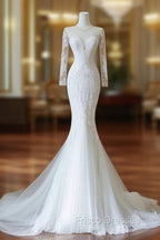 Unique Mermaid Scoop Neckline Long Sleeves Wedding Dress White Brides Dress