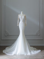 Unique Mermaid Scoop Neckline Long Sleeves Wedding Dresses White Brides Dress