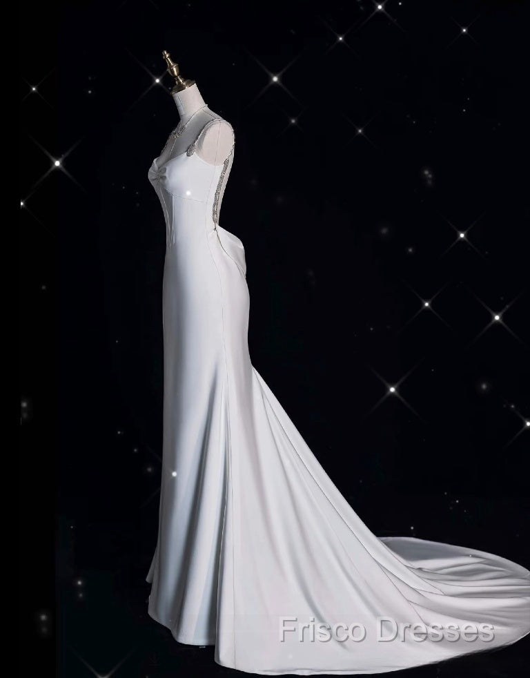 Unique Mermaid Spaghetti Straps Satin White Wedding Dress Brides Dress