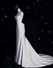 Unique Mermaid Spaghetti Straps Satin White Wedding Dresses Brides Dress