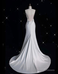 Unique Mermaid Spaghetti Straps Satin White Wedding Dresses Brides Dress
