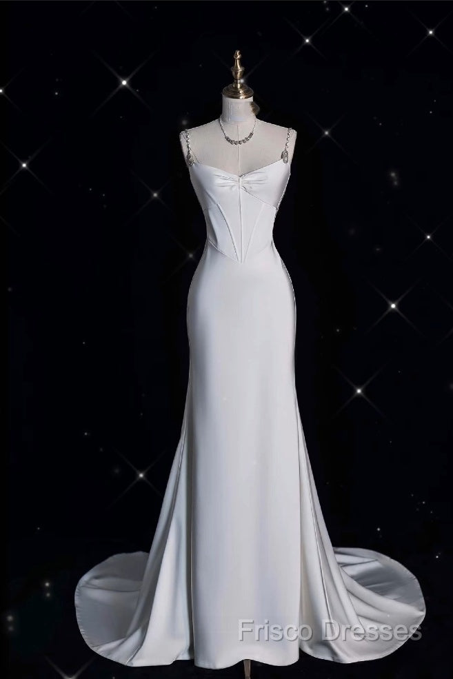 Unique Mermaid Spaghetti Straps Satin White Wedding Dress Brides Dress