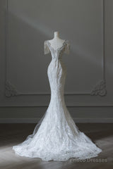 Unique Mermaid Square Neckline Short Sleeves Wedding Dresses White Brides Dress