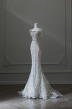 Unique Mermaid Square Neckline Short Sleeves Wedding Dress White Brides Dress
