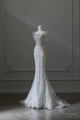 Unique Mermaid Square Neckline Short Sleeves Wedding Dresses White Brides Dress
