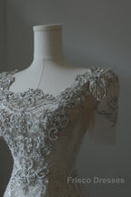 Unique Mermaid Square Neckline Short Sleeves Wedding Dress White Brides Dress