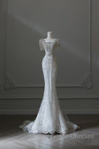 Unique Mermaid Square Neckline Short Sleeves Wedding Dress White Brides Dress