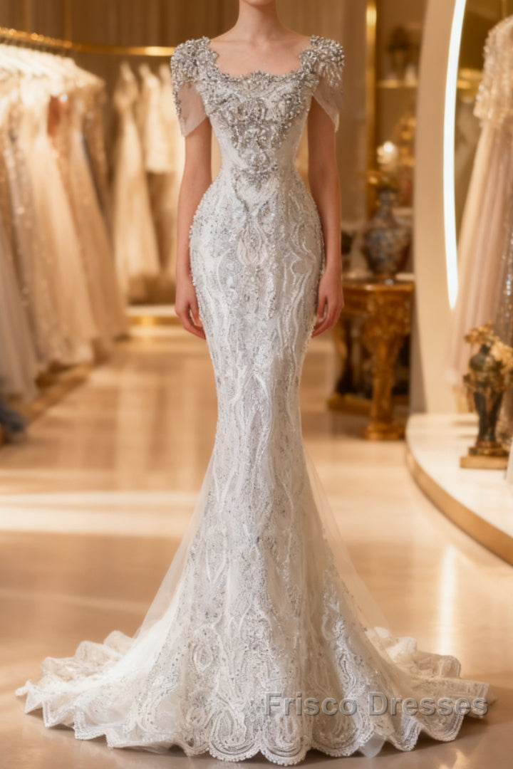 Unique Mermaid Square Neckline Short Sleeves Wedding Dress White Brides Dress Main image
