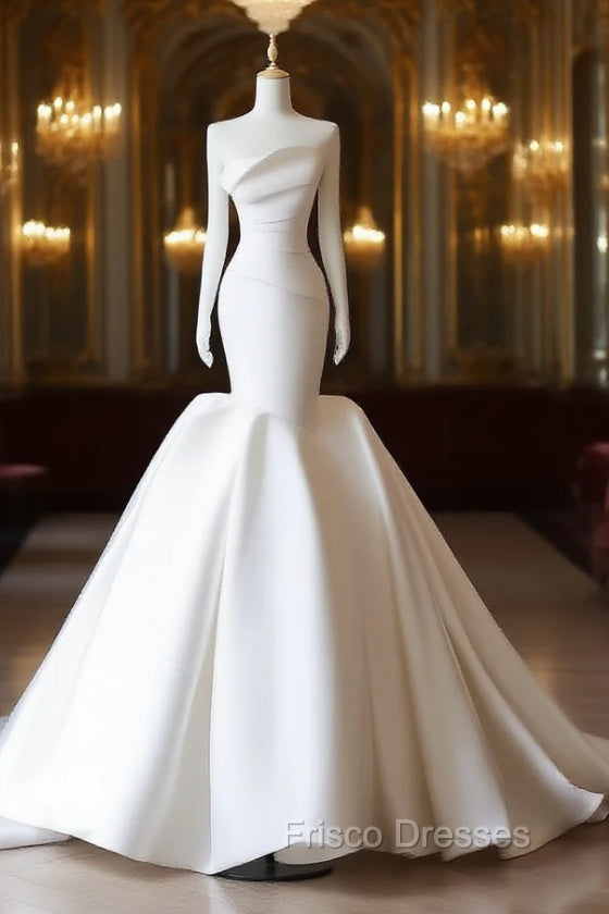 Unique Mermaid Strapless Ivory Satin Wedding Dress Brides Dress
