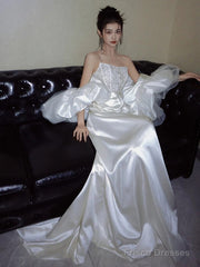 Unique Mermaid Strapless Lace Pleats White Satin Ruffles Wedding Dresses