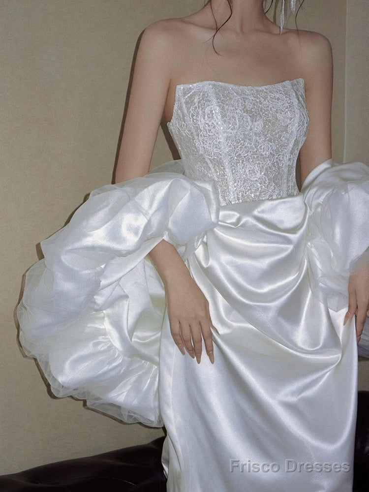 Unique Mermaid Strapless Lace Pleats White Satin Ruffles Wedding Dresses