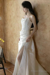 Unique Mermaid Strapless Pleats Long White Satin Wedding Dresses Brides Dress