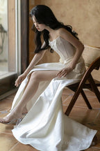 Unique Mermaid Strapless Pleats Long White Satin Wedding Dresses Brides Dress