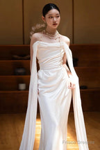 Unique Mermaid Strapless Satin Pleats White Ruffles Wedding Dresses