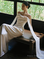 Unique Mermaid Strapless Satin Pleats White Ruffles Wedding Dresses