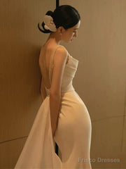 Unique Mermaid Straps Backless Pearls Pleats White Satin Ruffles Wedding Dresses