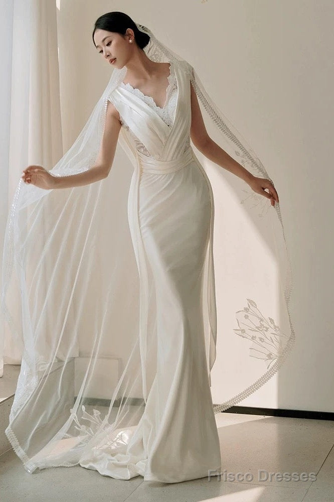 Unique Mermaid V Neckline Lace Pleats White Satin Ruffles Wedding Dresses Secondary image