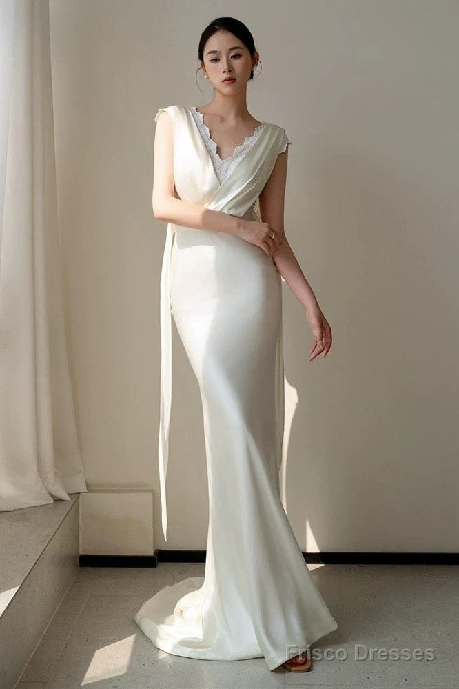 Unique Mermaid V Neckline Lace Pleats White Satin Ruffles Wedding Dresses