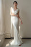 Unique Mermaid V Neckline Lace Pleats White Satin Ruffles Wedding Dresses
