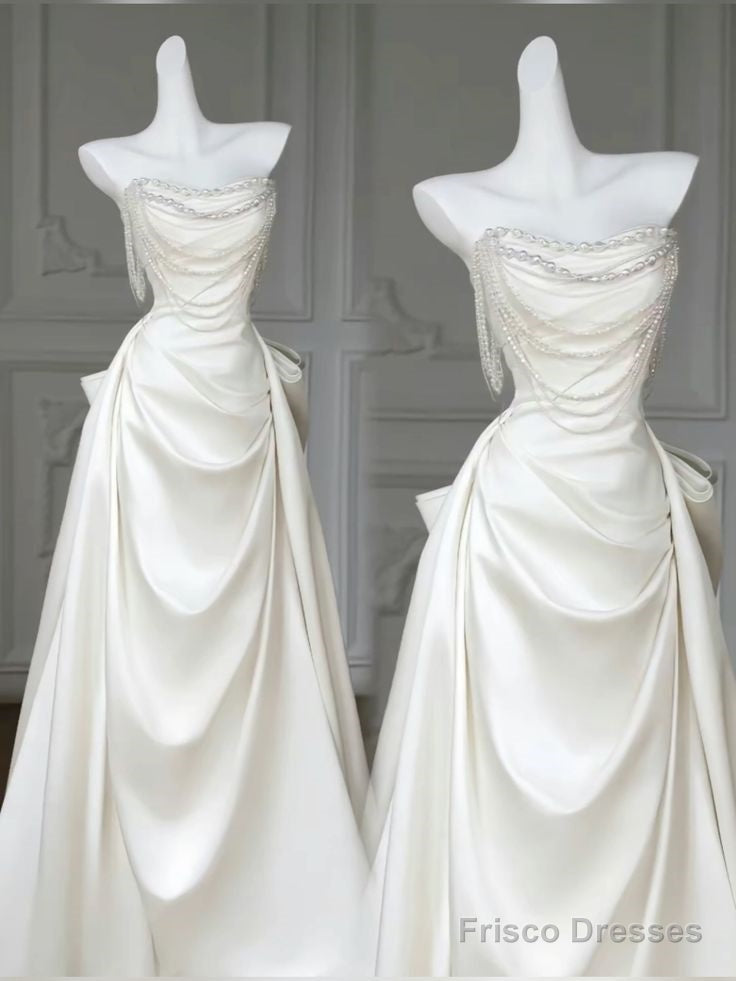 Unique Mermaid White Satin Strapless Pleats Long Satin Wedding Dress Main image
