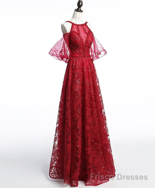 Unique Off Shoulder Tulle Lace Burgundy Long Prom Dress, Evening Dress