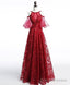 Unique Off Shoulder Tulle Lace Burgundy Long Prom Dress, Evening Dress