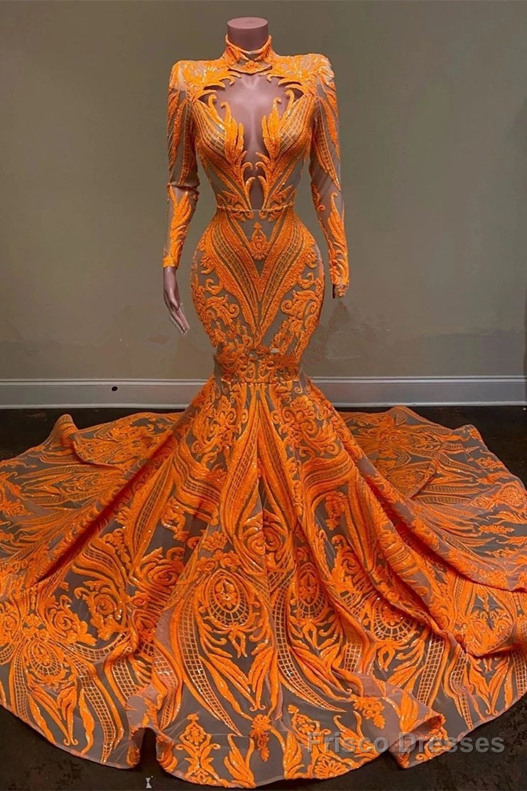 Unique Orange Long Sleeves Mermaid Prom Dress Sequins