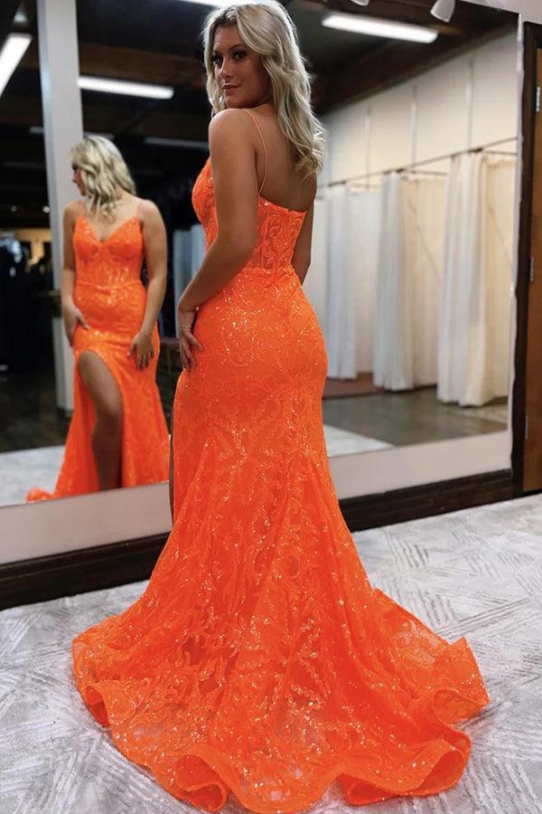 Orange Fashion Unique V-Neck Dress Long Lace Mermaid Slim Fit Slit Ball Gown Evening Dress Secondary image