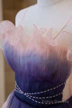 Unique Pink Gradient Long Prom Dress, A-Line Strapless Evening Party Dress