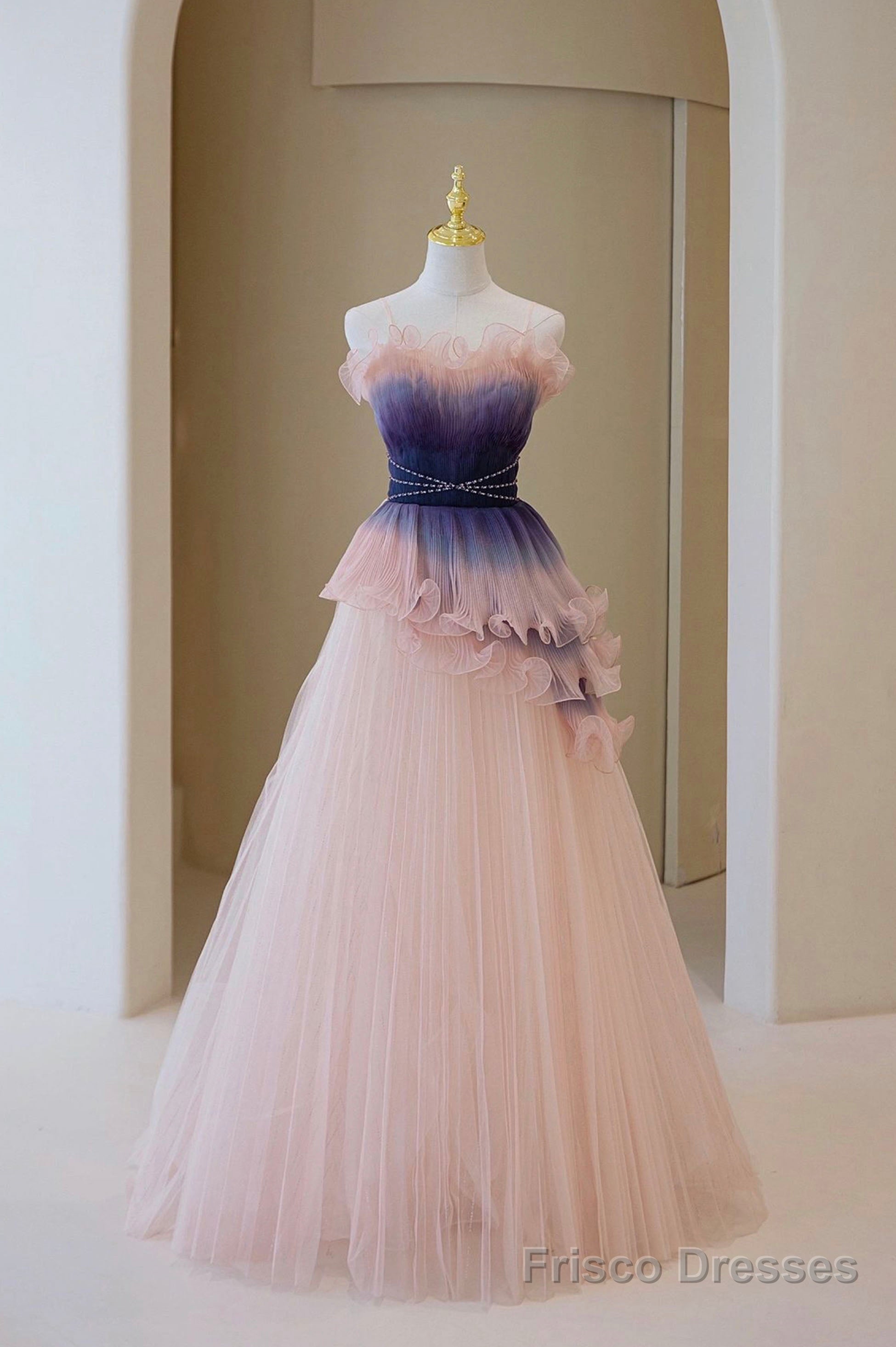 Unique Pink Gradient Long Prom Dress, A-Line Strapless Evening Party Dress Main image