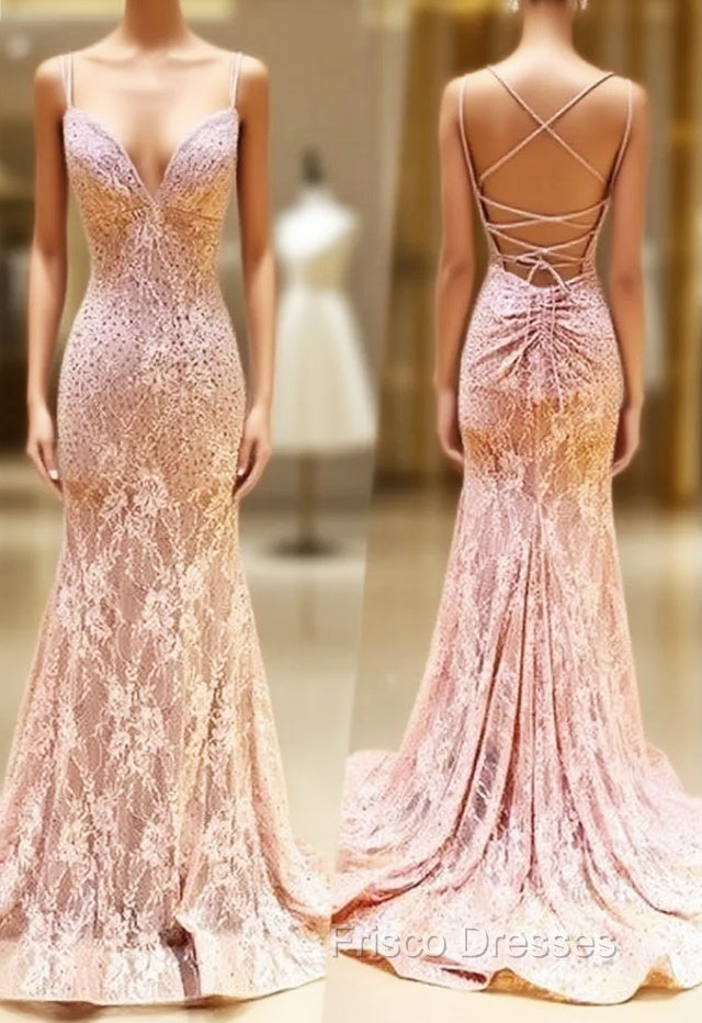 Unique Pink Long Mermaid Open Back Lace Dress, Senior Formal Prom Dress Main image