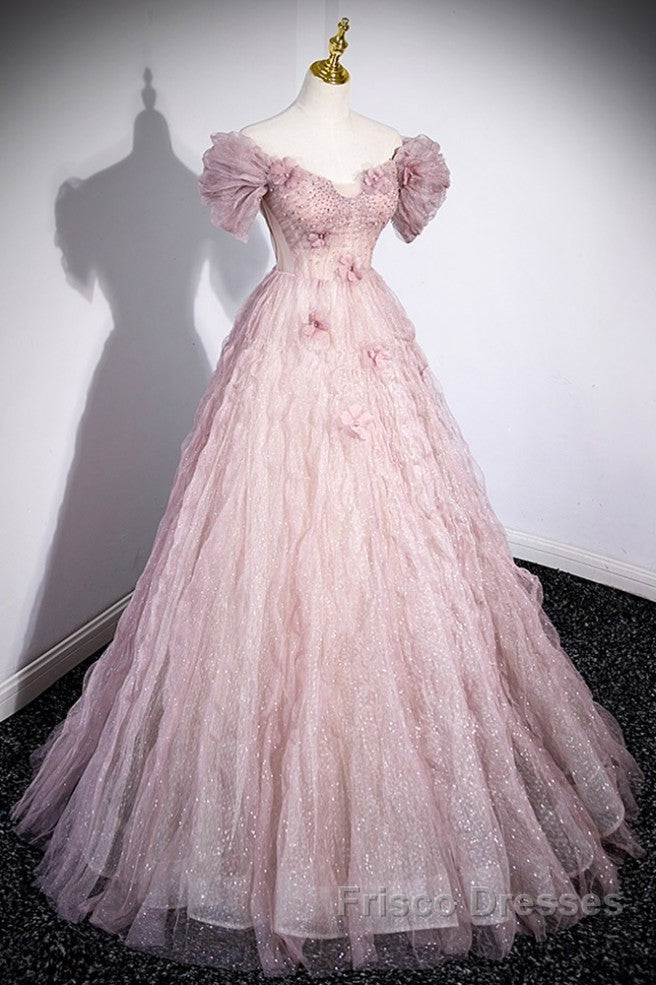 Unique Powder Blusher Pink Glitter Sequins Off Shoulder Rhinestone Applique Short Sleeve Formal Prom Dress Powder Blusher Pink A-Line Princess Backless Strap Long Evening Dress Secondary image