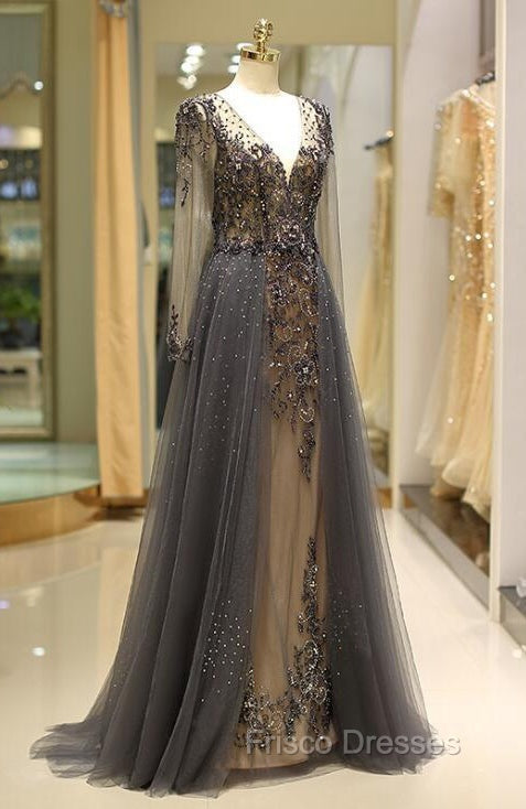 Unique Formal Prom Dress Long Sleeves Tulle V-Neck Neckline Floor-Length A-Line,Evening Dress, Formal Dress Secondary image