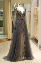 Unique Formal Prom Dress Long Sleeves Tulle V-Neck Neckline Floor-Length A-Line,Evening Dress, Formal Dress