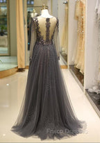 Unique Formal Prom Dress Long Sleeves Tulle V-Neck Neckline Floor-Length A-Line,Evening Dress, Formal Dress