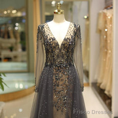 Unique Prom Dress Long Sleeves Tulle V-Neck Neckline Floor-Length A-Line,Evening Dress, Formal Dress