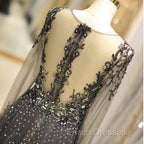 Unique Formal Prom Dress Long Sleeves Tulle V-Neck Neckline Floor-Length A-Line,Evening Dress, Formal Dress