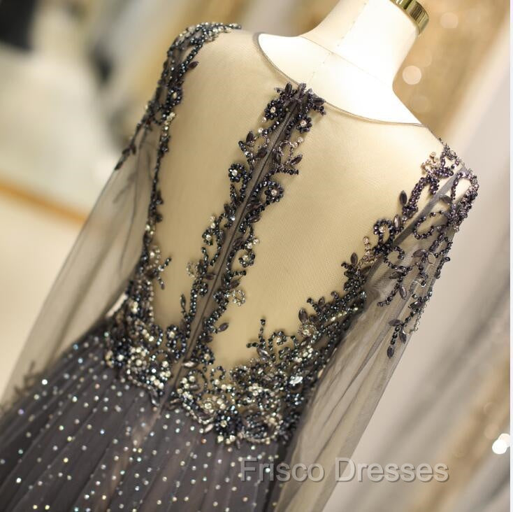 Unique Formal Prom Dress Long Sleeves Tulle V-Neck Neckline Floor-Length A-Line,Evening Dress, Formal Dress