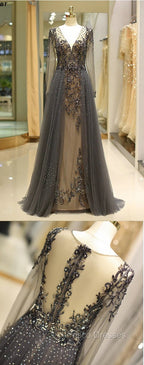 Unique Formal Prom Dress Long Sleeves Tulle V-Neck Neckline Floor-Length A-Line,Evening Dress, Formal Dress