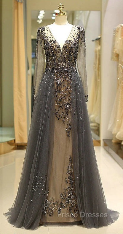 Unique Formal Prom Dress Long Sleeves Tulle V-Neck Neckline Floor-Length A-Line,Evening Dress, Formal Dress