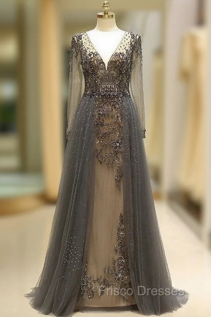 Unique Formal Prom Dress Long Sleeves Tulle V-Neck Neckline Floor-Length A-Line,Evening Dress, Formal Dress