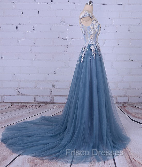 Unique Round Neck Applique Tulle Long Formal Prom Dress, Tulle Evening Dress Secondary image