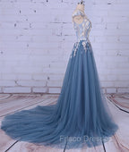 Unique Round Neck Applique Tulle Long Formal Prom Dress, Tulle Evening Dress