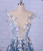 Unique Round Neck Applique Tulle Long Formal Prom Dress, Tulle Evening Dress