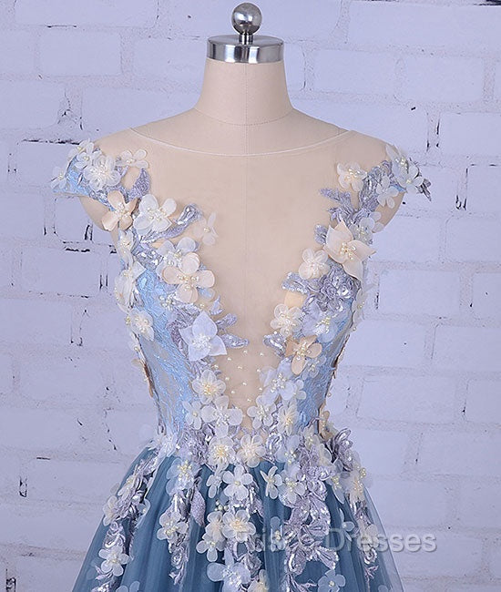 Unique Round Neck Applique Tulle Long Formal Prom Dress, Tulle Evening Dress