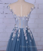 Unique Round Neck Applique Tulle Long Formal Prom Dress, Tulle Evening Dress