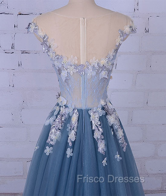 Unique Round Neck Applique Tulle Long Formal Prom Dress, Tulle Evening Dress