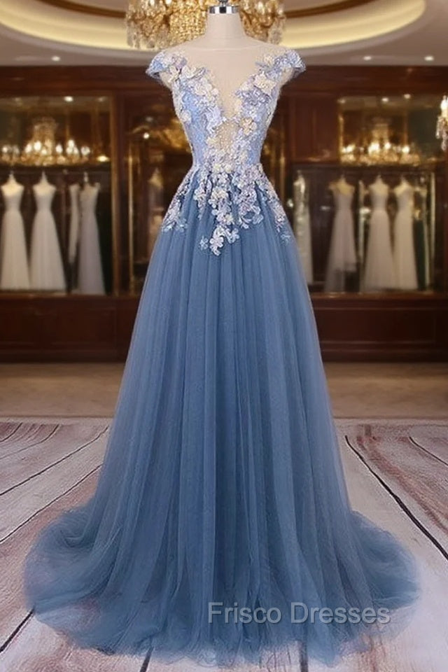 Unique Round Neck Applique Tulle Long Formal Prom Dress, Tulle Evening Dress