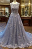 Unique Round Neck Lace Tulle Long Formal Prom Dress, Lace Evening Dress